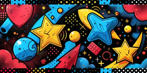 A painting featuring stars and hearts on a black background