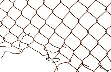 The texture of the metal mesh on a white background. Torn steel, metal mesh with holes