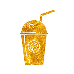 Coffee drink plastic cup with straw drawing in gold color style