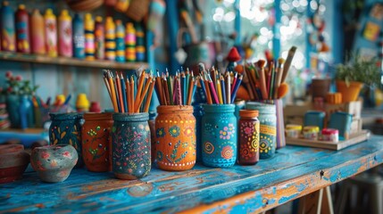 childrens day decorations, a festive display showcasing handmade crafts and drawings, celebrating international childrens day, with ample empty space for text in the background
