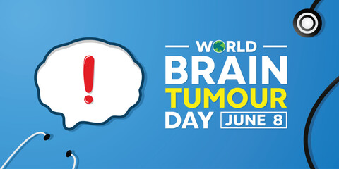 World Brain Tumour Day. Brain and stethoscope. Suitable for cards, banners, posters, social media and more. Blue background.