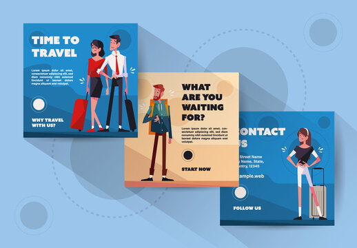 Blue and Beige Travel Social Media Posts Modern Flat Illustration