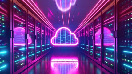 3d render of cloud computing concept with glowing digital icon in data center server room interior background, wide angle lens