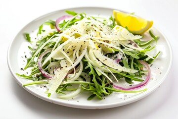 Colorful Arugula and Fennel Salad with Shaved Cheese and Lemon Garnish