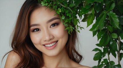 Naklejka premium Beautiful young asian woman with green leaves decoration 