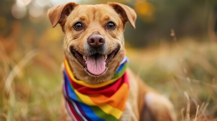 A dog wearing a rainbow bandana is smiling and looking at the camera