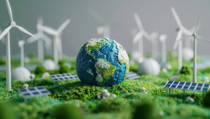 Clean energy concept on World Environment Day or International Day of Forests concept tree and earth globe with solar cell panel with windmill on nature background. 