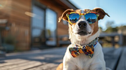 A dog wearing sunglasses and a bow tie is sitting on a wooden deck - Powered by Adobe