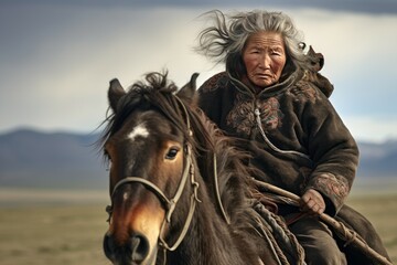 Fototapeta premium Senior mongolian woman rides a horse with traditional attire against a vast grassland backdrop