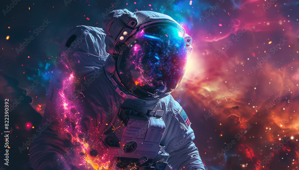 Sticker a colorful astronaut is reaching out to a glowing cloud of colorful gas by ai generated image