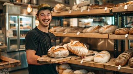 Happy baker holding fresh bread in artisan bakery. Smiling young man enjoys baking in a cozy bakery. Authentic, warm, and inviting atmosphere. Daily life in a local bakery. AI
