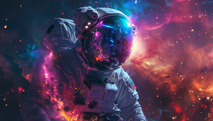 A colorful astronaut is reaching out to a glowing cloud of colorful gas by AI generated image