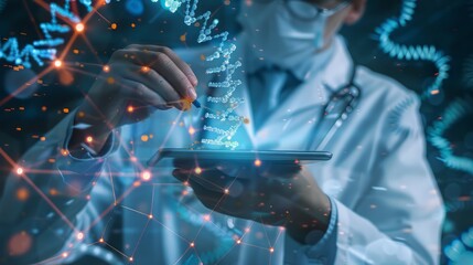 Medicine doctor touching electronic medical record on tablet. DNA. Digital healthcare and network connection on hologram modern virtual screen interface, medical technology and network concept