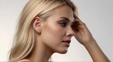 Naklejka premium Beautiful attractive blonde woman model woman thinking with hand in her head