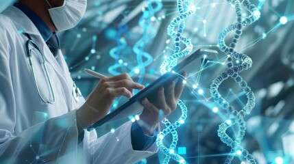 Medicine doctor touching electronic medical record on tablet. DNA. Digital healthcare and network connection on hologram modern virtual screen interface, medical technology and network concept