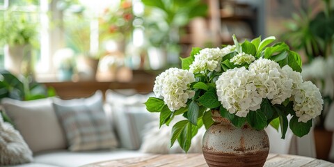 lush white hydrangea with vase at home, ai
