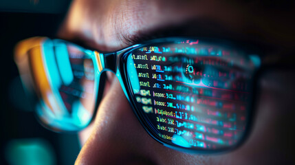 close up eye with glasses, coding reflective glasses, programmer use AI to help with work in office.