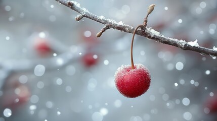 Single red berry covered in frost hanging from a snow-covered branch. The background features falling snowflakes and a soft, out-of-focus winter landscape.
