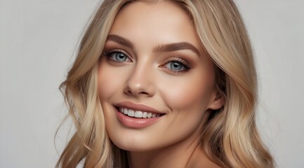 Naklejka premium Beautiful attractive blonde woman model with smooth healthy skin and hair smiling and touching her face isolated on white background