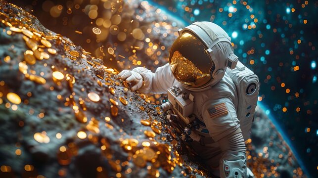 A futuristic astronaut discovers gold in outer space, surrounded by shimmering particles and an expansive cosmic backdrop.