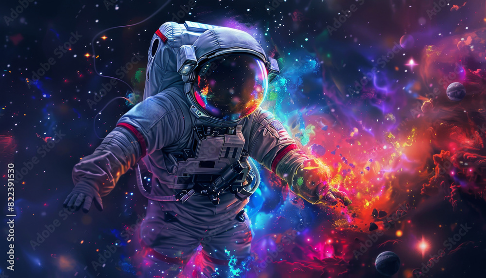 Sticker a colorful astronaut is reaching out to a glowing cloud of colorful gas by ai generated image