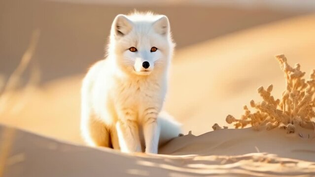 A white arctic fox stands on a sand dune in a desert, illuminated by warm sunlight. Its fur contrasts sharply with the golden sand, creating a scene of serene beauty and adaptation.