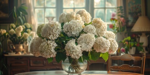 lush white hydrangea with vase at home, ai