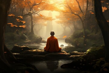 Fototapeta premium Monk meditates by a stream in a peaceful forest with autumn leaves
