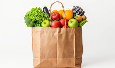 Healthy Eating. Healthy vegan vegetarian food in an eco paper bag. Vegetables and fruits on the table. copy space, banner. Supermarket. Shopping and clean vegan food concept.