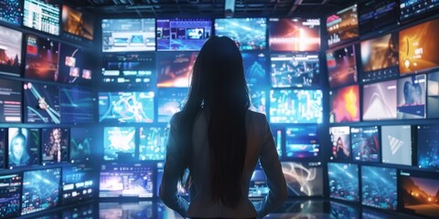 Woman surrounded by multiple TV screens, video wall showcasing variety of multimedia content, online broadcasting and streaming concept