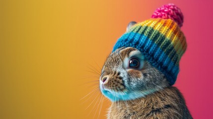 Fototapeta premium A rabbit wearing a colorful hat with a pink pom pom on top