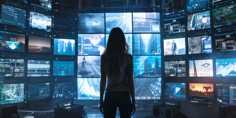 Woman surrounded by multiple TV screens, video wall showcasing variety of multimedia content, online broadcasting and streaming concept