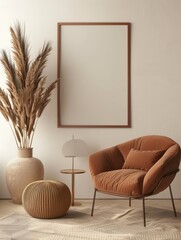 Minimal modern home design with warm furniture colors, poster frame mockup on bright interior background, 3d render.