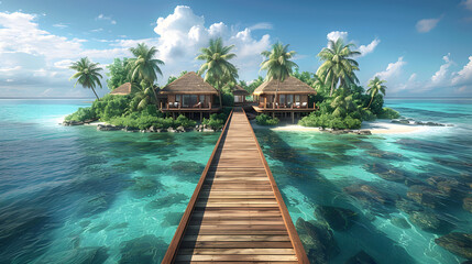 A breathtaking aerial view of a private island paradise featuring luxurious overwater villas connected by a wooden walkway, surrounded by crystal-clear turquoise waters and lush tropical vegetation