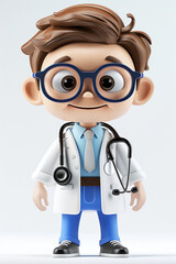 Adorable Cartoon Doctor with Glasses and Stethoscope in White Coat