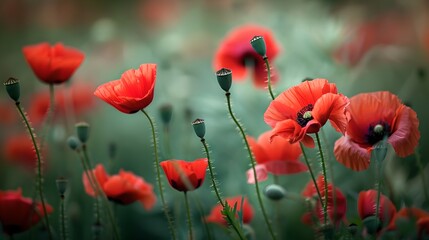 Vivid red poppies in a lush green field. Captivating floral scenery. Ideal for wallpapers or greeting cards. AI