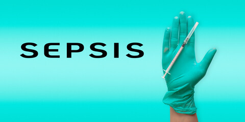 A hand holding a syringe with the word sepsis written below it