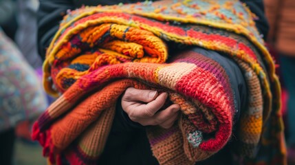 Close-Up of Hands Holding Colorful Knit Blankets