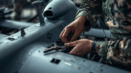 Military personnel working on gray drone aircraft