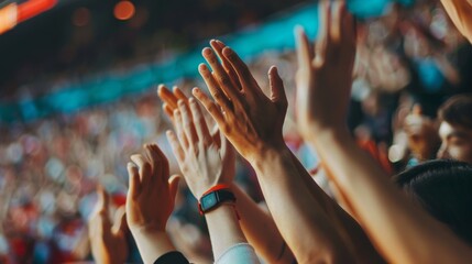 Cheering Crowd with Hands Raised at a Stadium Event