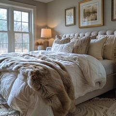 Cozy and inviting guest bedroom with luxurious bed, add a touch of luxury with feather duvets and decorative pillows