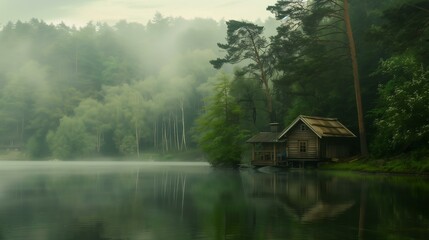 Fototapeta premium Misty morning on the lake in a forest. Wooden hut on the lake shore