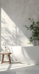 A serene and minimalist bathroom scene with an oversized white bathtub, bamboo plants adding life to the space