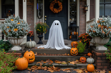Obraz premium A spooky ghost made from a white sheet sits on a Halloween-decorated porch surrounded by pumpkins, autumn leaves, and festive flowers.
