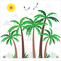 Palm Trees. View of nice tropical beach with palms around. Holiday and vacation concept. Tropical beach. Coconut Palm tree on the sandy beach. Beautiful palm Tree . View of nice tropical beach.
