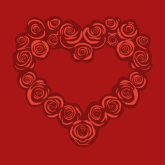 Minimalist red roses grouped and gathered in a heart shape, as a frame or Valentine's Day gift, for compositions with photos or romantic elements. Abstract heart-shaped rose bush.