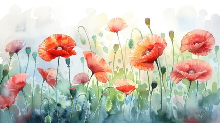Ethereal watercolor illustration of a field of poppies dancing in the wind