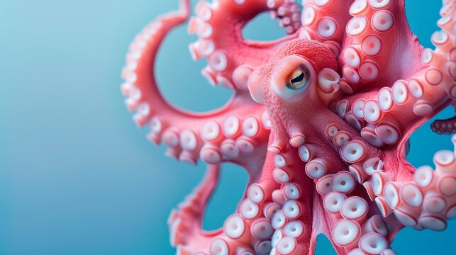 Pink octopus on blue studio background