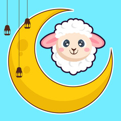 vector cute sheep sitting on moon cartoon vector icon illustration, eid al adha
