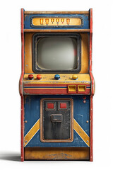Retro arcade game machine, realistic, high detail, coin, operated, classic, white background